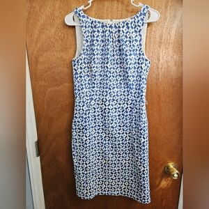 Lauren Ralph Lauren Blue & White Geometric Print, Lined SleevelessSheath Dress 8